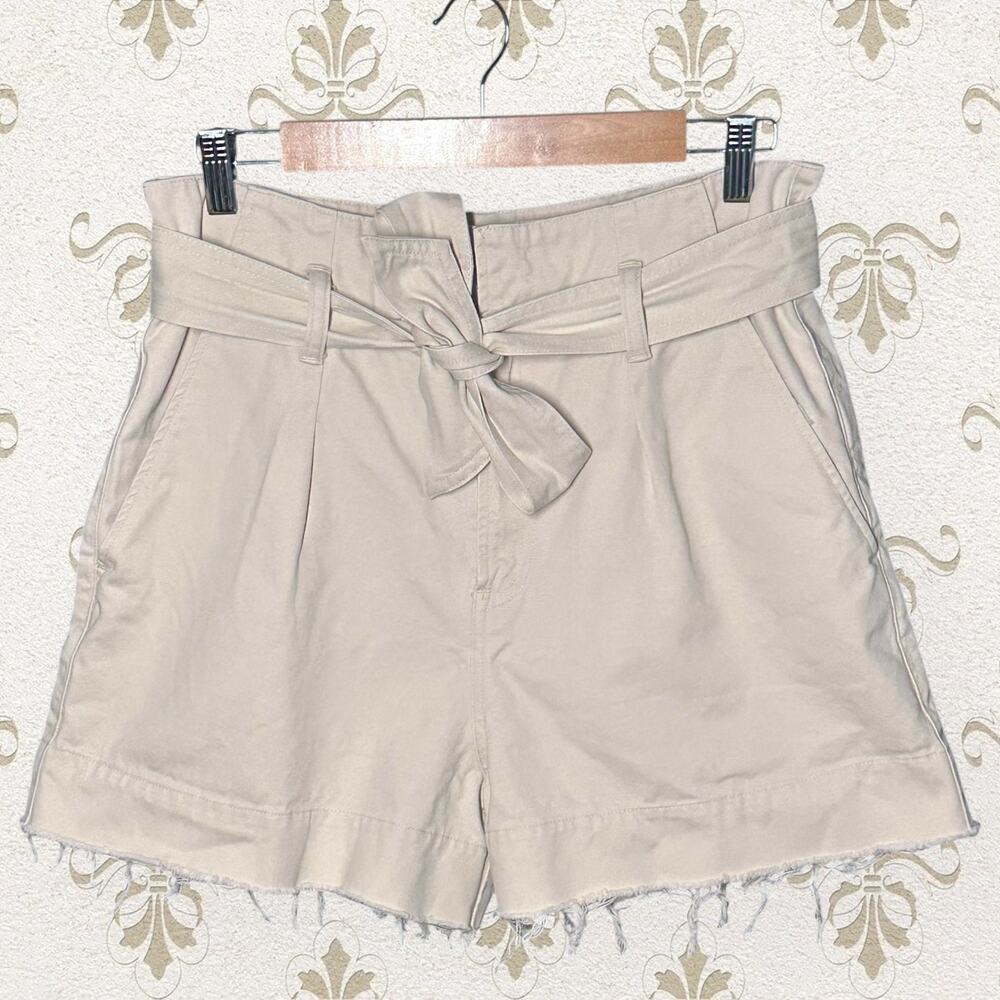 ALLSAINTS Cala Paperbag Belted Shorts Ivory Pleated Frayed Hem Beige High Rise